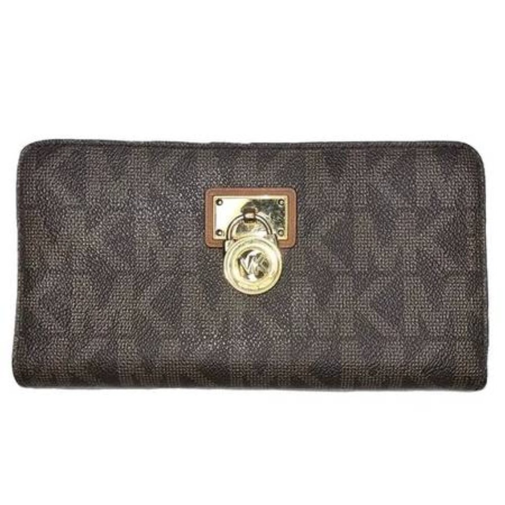 Michael Kors Zip Around Wallet with Signature Hanging Gold Lock Charm VHTF